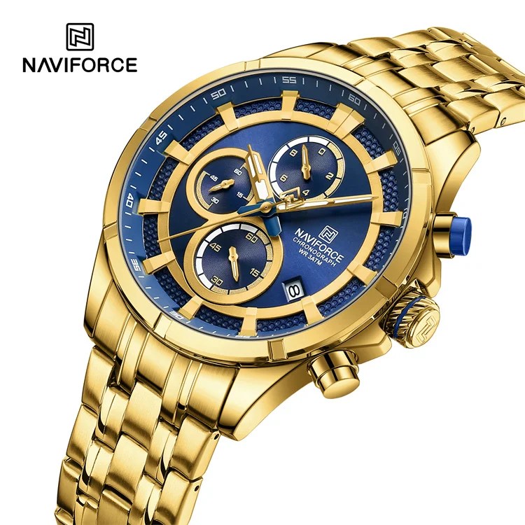 NAVIFORCE 8046 GBEG Custom Quartz Chronograph Design Wrist Watches Blue Dial with Gold Stainless Steel Band Men Watch