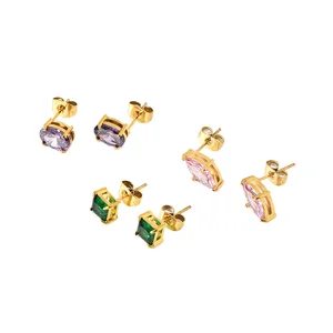 18K Gold Plated Stainless Steel Colorful Zircon Stud Earrings Geometric Gemstone for Women Vintage Fashion Jewelry
