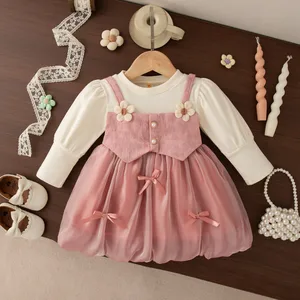 New Puff Sleeve Kids Clothes Sets Solid Pattern Cotton Dress for Little Baby Girls for Autumn Clothes for Kids