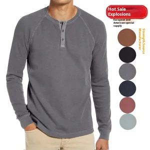 European American Men's Autumn Winter Tactical Base Henry T-Shirt Long Sleeve Waffle Design Polyester/Cotton Knitted for Foreign
