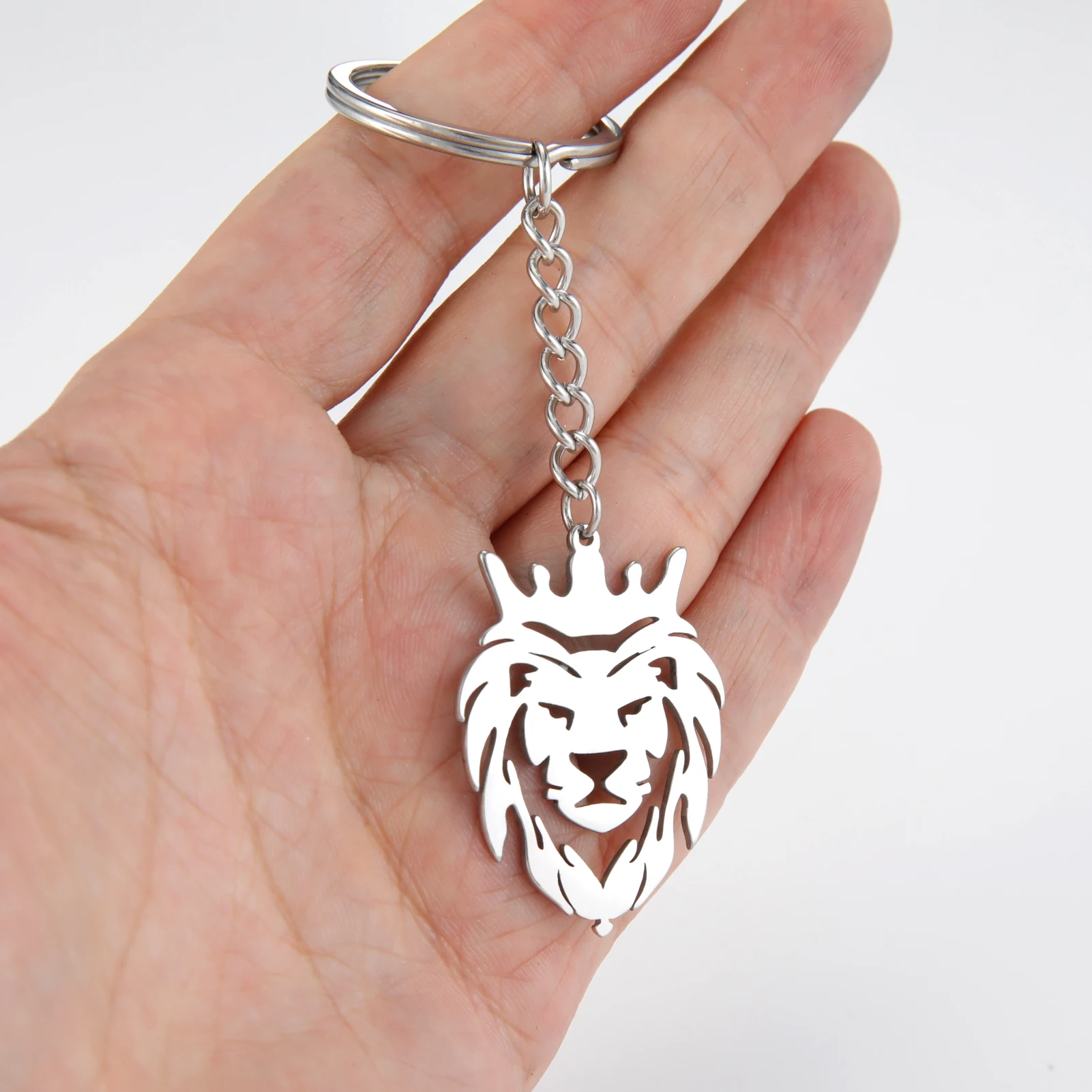 Men's Stainless Steel Lion with Crown Key Chain Punk Animal