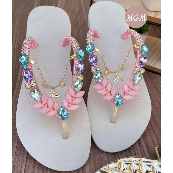 Handmade Wedding Flip Flops Gold Metal Chain Fancy Rhinestone Flip