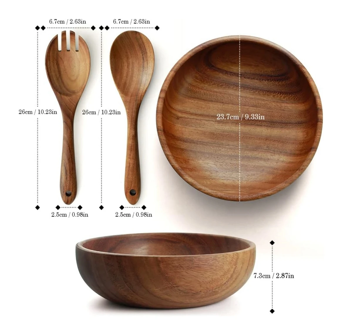 Acacia Wooden Salad Bowl And Servers Set Kitchen Vegetable Mixing ...