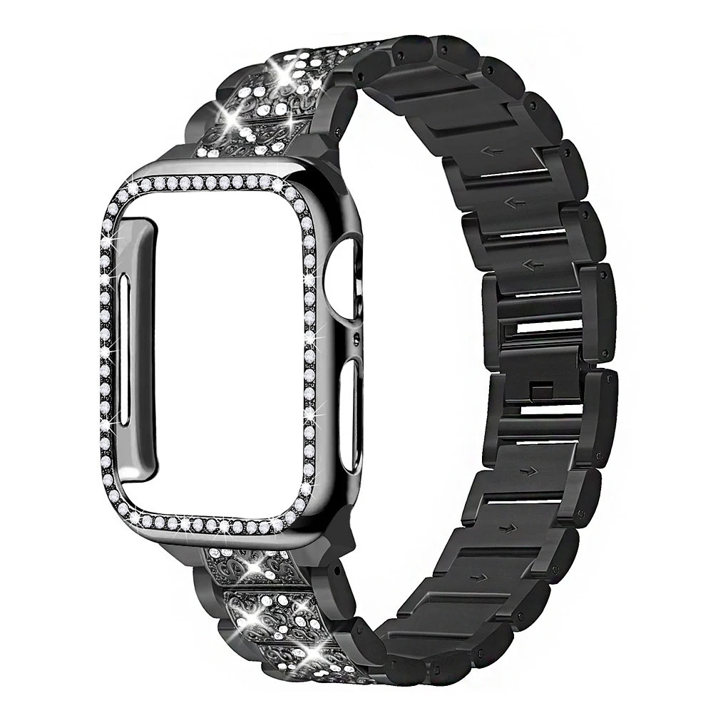 Stainless Steel Smart Watch Strap with Protective Cases For Apple Watch Series 1/2/3/4/5/6 Luxury Diamond Band