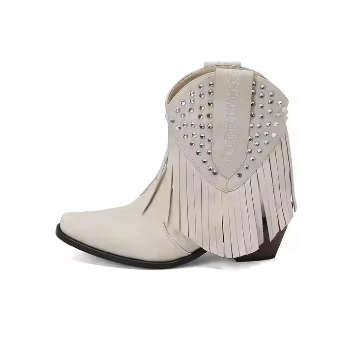 Big Size 48 Ladies Rivet Cowboy Boots Square Toe 6cm Heel Women Short Western Fringe Boots - Image 2