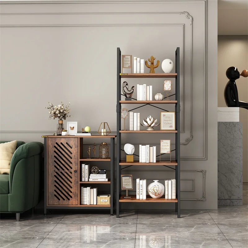 YQ Forever Furniture Modern Design Wood and Black Metal Living Room Decorative Storage Rack Bookcase Bookshelves Cabinet