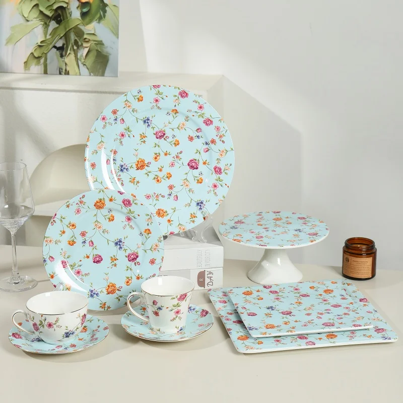 Wholesale Floral Ceramic Bone China Ceramic Cake Plate Stand Coffee Cup Tea Cups and Saucers Tableware Set
