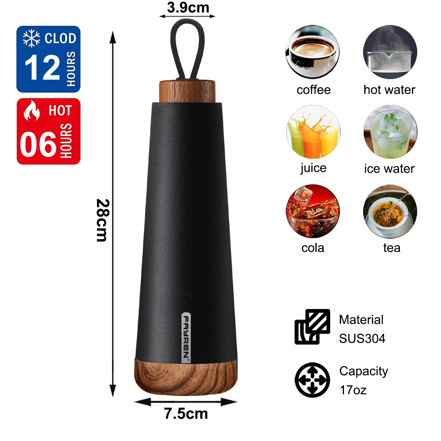 Fayren Leak Proof BPA Free Insulated Water Bottle Double Wall Stainless ...