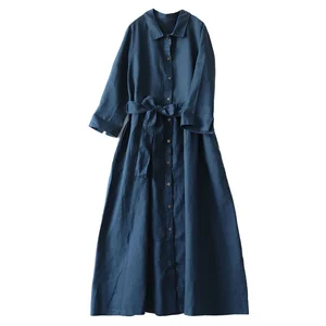 Customize New Spring Japanese Style Retro Elegant Solid Color Button Breathable Eco-Friendly Polo Collar Cotton Linen Women