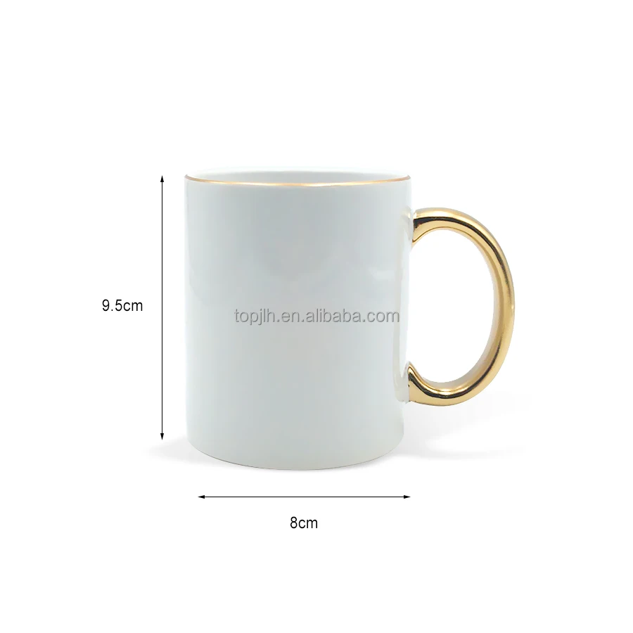 Topjlh Classical Luxury 11oz Gold Handle White Ceramic Mug Sublimation Blank Custom Printable Coffee Cup Wholesale Bulk