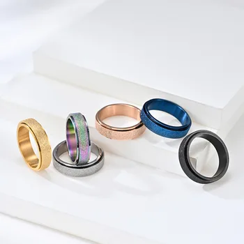 RFJEWEL Classic Simple Neutral Frosted Stainless steel Gold/Silver/Blue/Rose gold/Black Plated Rotate Relieve Stress Ring