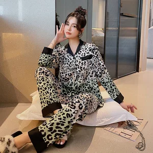 Women's Pajamas Set Luxury Style Fashion Gradient Leopard Print Two-piece Sleepwear Silk Like Homwear Nightwear Pyjamas Femme