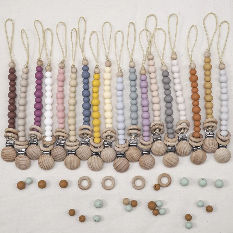 Custom Handmade Wooden Bpa Free Silicone Beads Pacifier Chain Baby