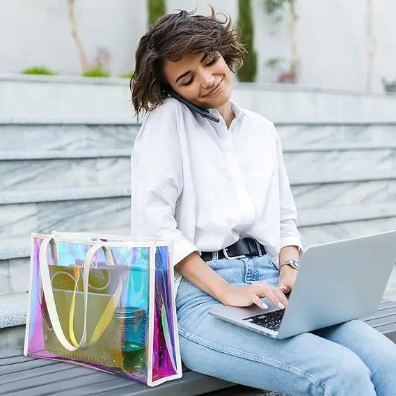 Portable Holographic Clear Tote Bag with Leather Handle Iridescent Bachelorette Beach Bag for Work Stadium Travel supplier