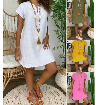 2024 Women's Linen Dress New Design Solid Color Loose V-Neck Stylish Sexy Casual Dresses for Summer Sequined ODM Worsed Fabric