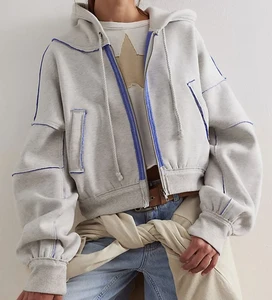 Wholesale Custom Logo Embroidered Winter Casual Pathwork Grey Full Zip Front Pullover Drawstring Reverse Side Oversized Hoodie