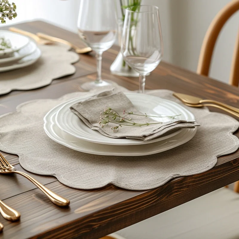 Woven Embroidered Round Wedding Linen Table Placemat Scallop For Dining