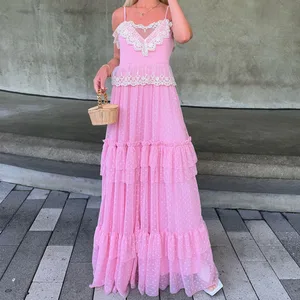 Custom Fashion Lace Trim Casual Summer Comfortable Mesh Pink Women Elegant Maxi Dresses