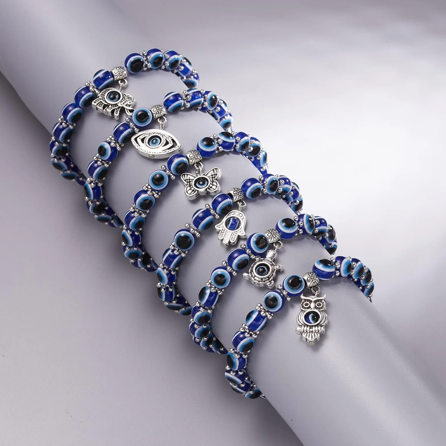 Set Portafortuna: Portachiavi Con Occhio Turco 10mm E Bracciale Hamsa Con Perline - Forma Elefante, Gufo, Farfalla - Amuleto Portafortuna - 2