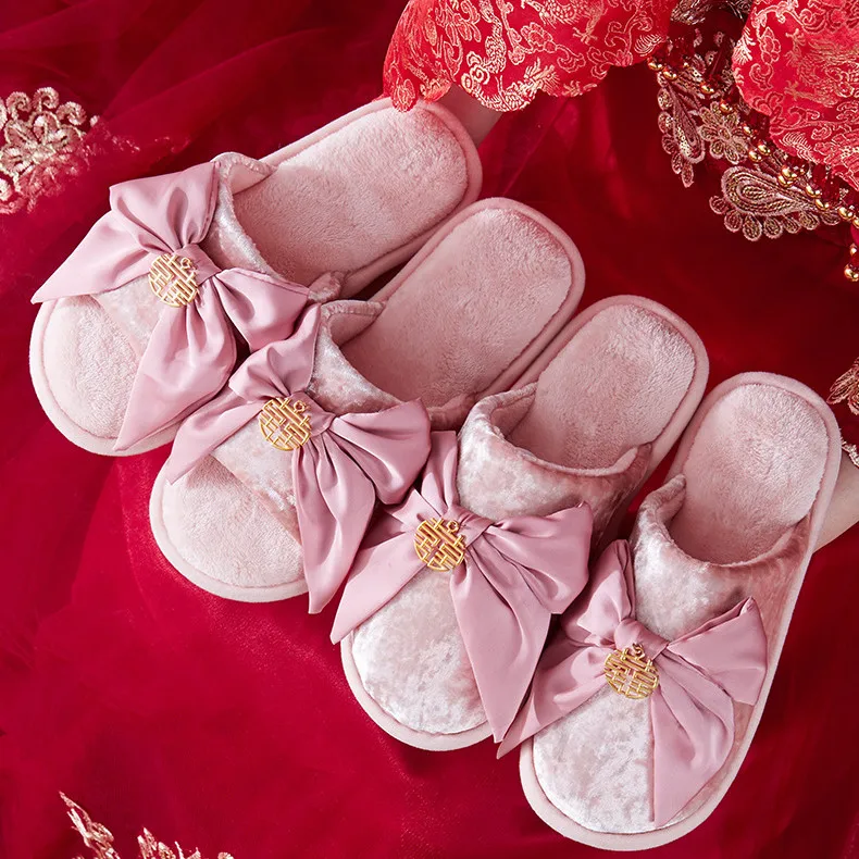 Wedding Slippers Jubilant Bride Groom Party Plush Slippers Soft Luxury Pink  Dark Red Sandals Pendant Happy Fur Slippers