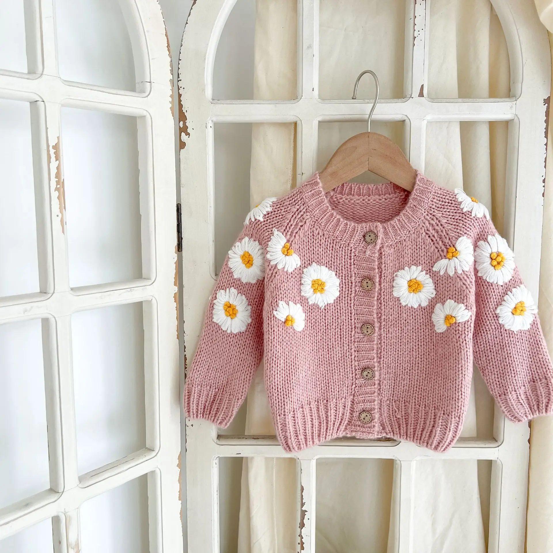 Handmade pink Blue Girls Knitted Flower Cardigan Sweater Coat