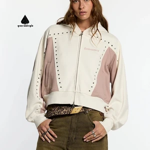 Custom Contrast Color Zipper Cotton Streetwear Hoodie Print Embroidery logo Rivet Heavyweight Cowboy Style Vintage Hoodie