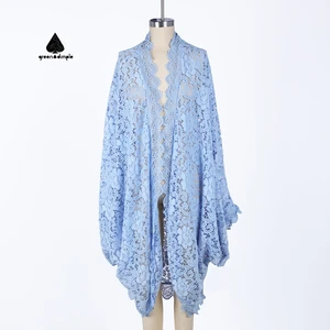 Clothing Manufacturers Custom Women's Summer Loose Style Lace Shirt Vacation Casual Blue Floral Pattern Lace Over Sized Top