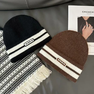 Fashionable New Design 100% Wool Letter Unisex Adjustable Knitted Hats Winter Travel Outdoor High Quality Wholesale Elegant