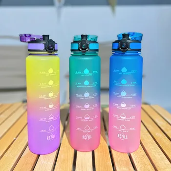 Large 1000ml Portable Plastic Gradient Lock Cup Direct Drinking Straw Type Pop-Up Lid for Sports & Outdoor Camping Men & Women