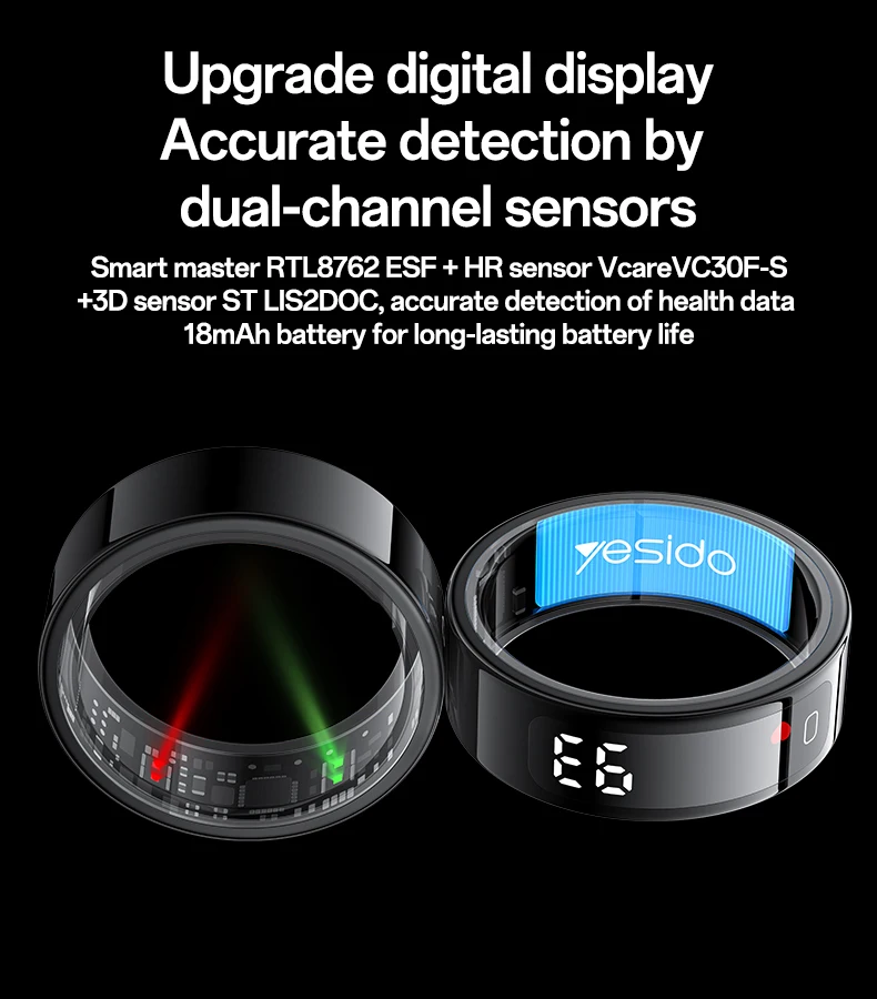 Yesido LCD Real-time Digital Display Dual-channel Sensor Precision Waterproof 24-hour Health Management Smart Ring IO36