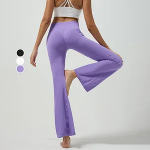 Wholesale High Waist Tummy Control Flare Leggings Solid Color Elastic Waist Quick Dry Moisture Wicking Casual Sports Pants