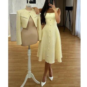 AELESEEN Designer Fashion Tweed Set Women Autumn Winter Temperament Slimming Sequined Coat + Midi Dess Elegant Two-piece Set