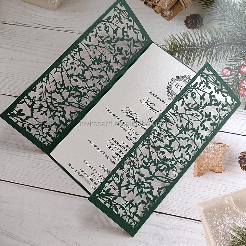 Customized Color Leaves Fold Paper Invitation Cards With Rhinestone And