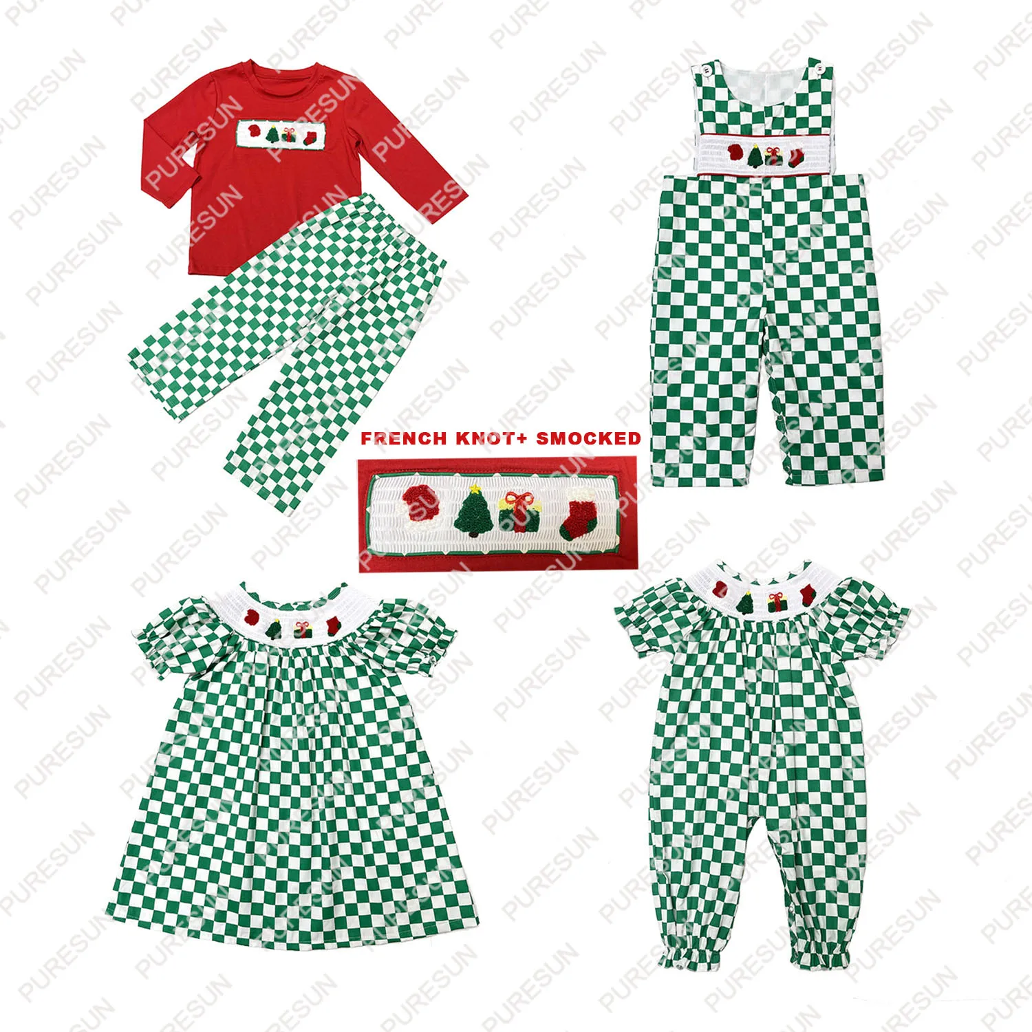 Puresun Custom Designs Smocked Baby Clothes Wholesale Red Gingham Chick Smocked Baby Girl