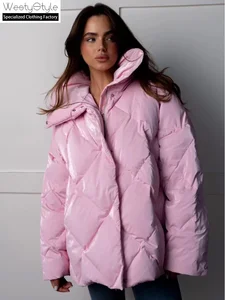 Winter New Arrival Women's Casual Eco-Friendly Waterproof Quilted Knitted Cotton-Padded Coat Loose Fit Matte Shiny Surface Lapel