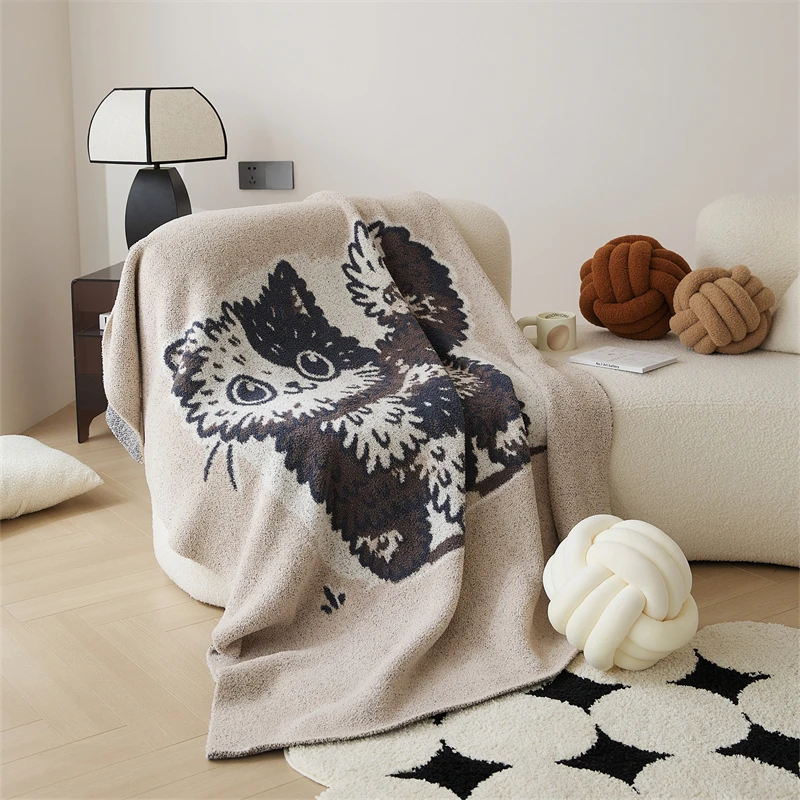 FB New Plush Cute Cat Pattern 100% Polyester Knitted Throw Microfiber Blanket Home Decoration factory