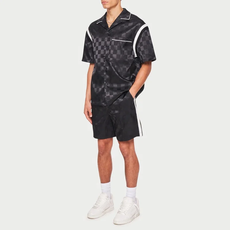 Oem Summer Hawaiian Beach Shirt Set Men 2023 New Fashion Tonal Checkerboard Resort Shirt