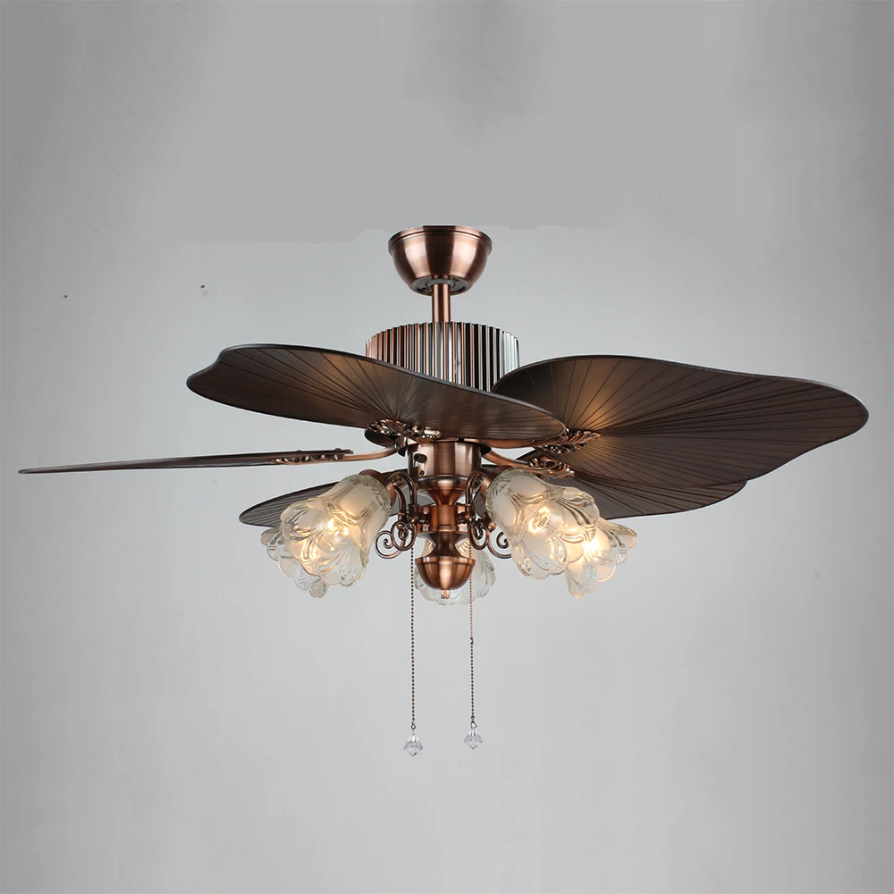 Red Ancient Style LED Ceiling Fan with 5 Wood Blades Remote Control Iron/Stainless Steel Base