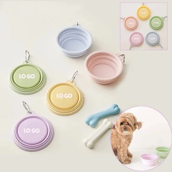 2023 New Macaron color Collapsible Portable Reusable Foldable Silicone Cat Food and Water feeder Drinking Double Dog Bowl