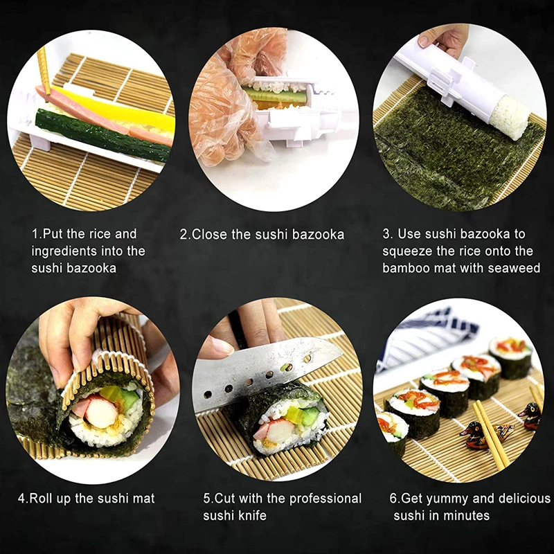 Sushi Roller Bazooka kit + Carbonized Bamboo Mat DIY Rice Roller