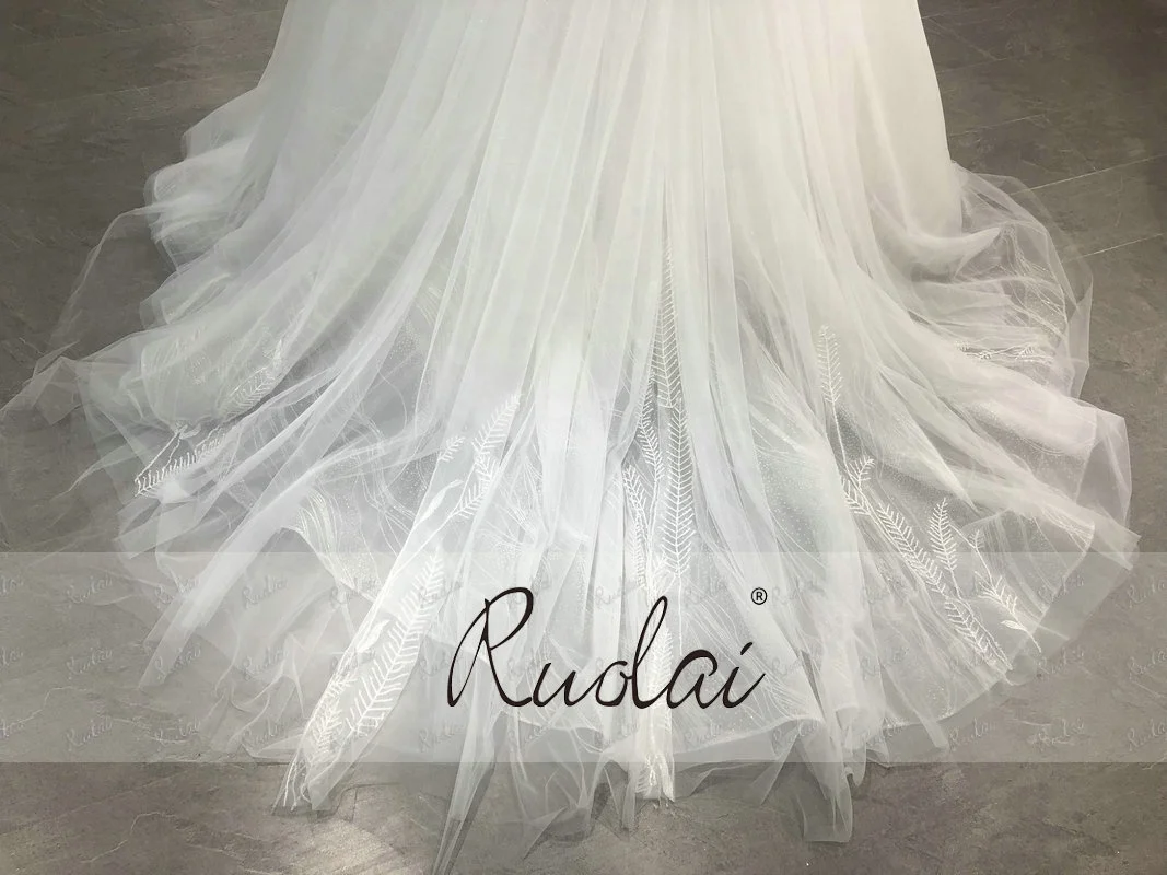 QW01157 Simple Illusion Scoop Neck Beading Lace Wedding Dress Ruffles A-Line Bride Gowns