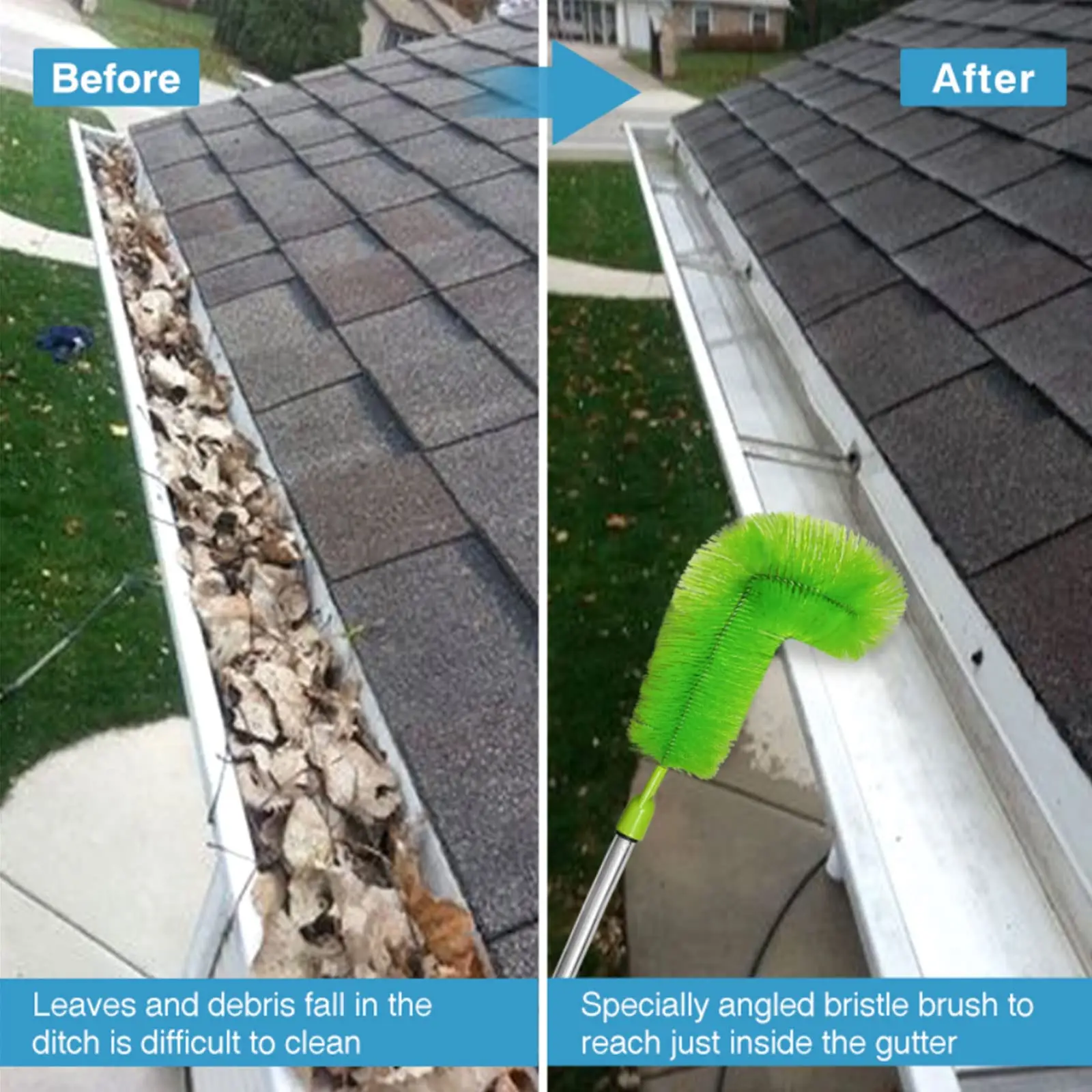 Gutter Cleaning Brush From The Ground – 10 FT Extendable Pole, Flexible Angled Head, Nylon Bristles, Removes Leaves & Debris – No Ladder Needed, Yellow