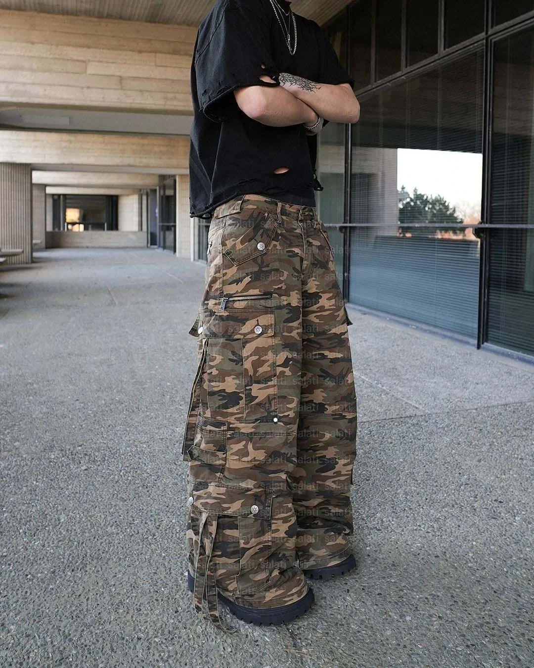 Salati Manufacturer Streetwear Dtg Printed Duck Canvas Wide Leg Camouflage Camo Carpenter Trouser Tactical Baggy Cargo Pants Men gallery 7