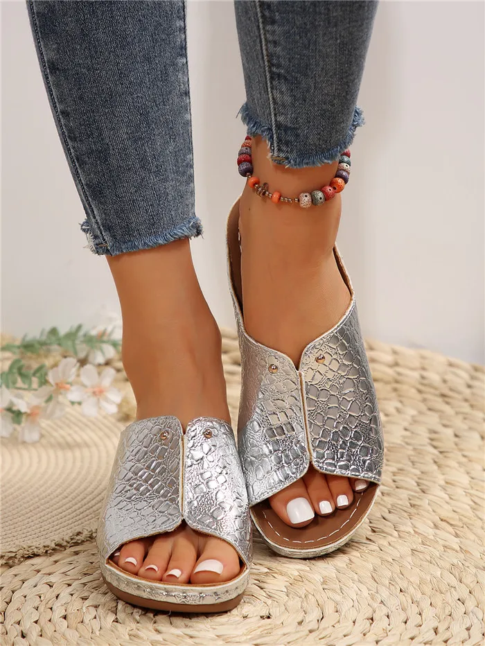 Factory New Thick Bottom Fish Mouth Slippers Female Stone Pattern Slope Heel Beach Sandal Slippers