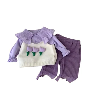 2026 Spring Autumn Wholesale Kids Girl Clothes Set Long Sleeve Shirt Flower Sweater Vest Flare Pants 3pcs Child Outfit