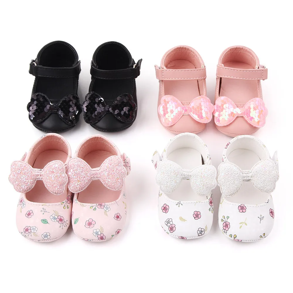 Solid Color Small Flowers Shiny Big Bow Pu Leather Baby Girls Princess Cute Toddler Shoes 2025