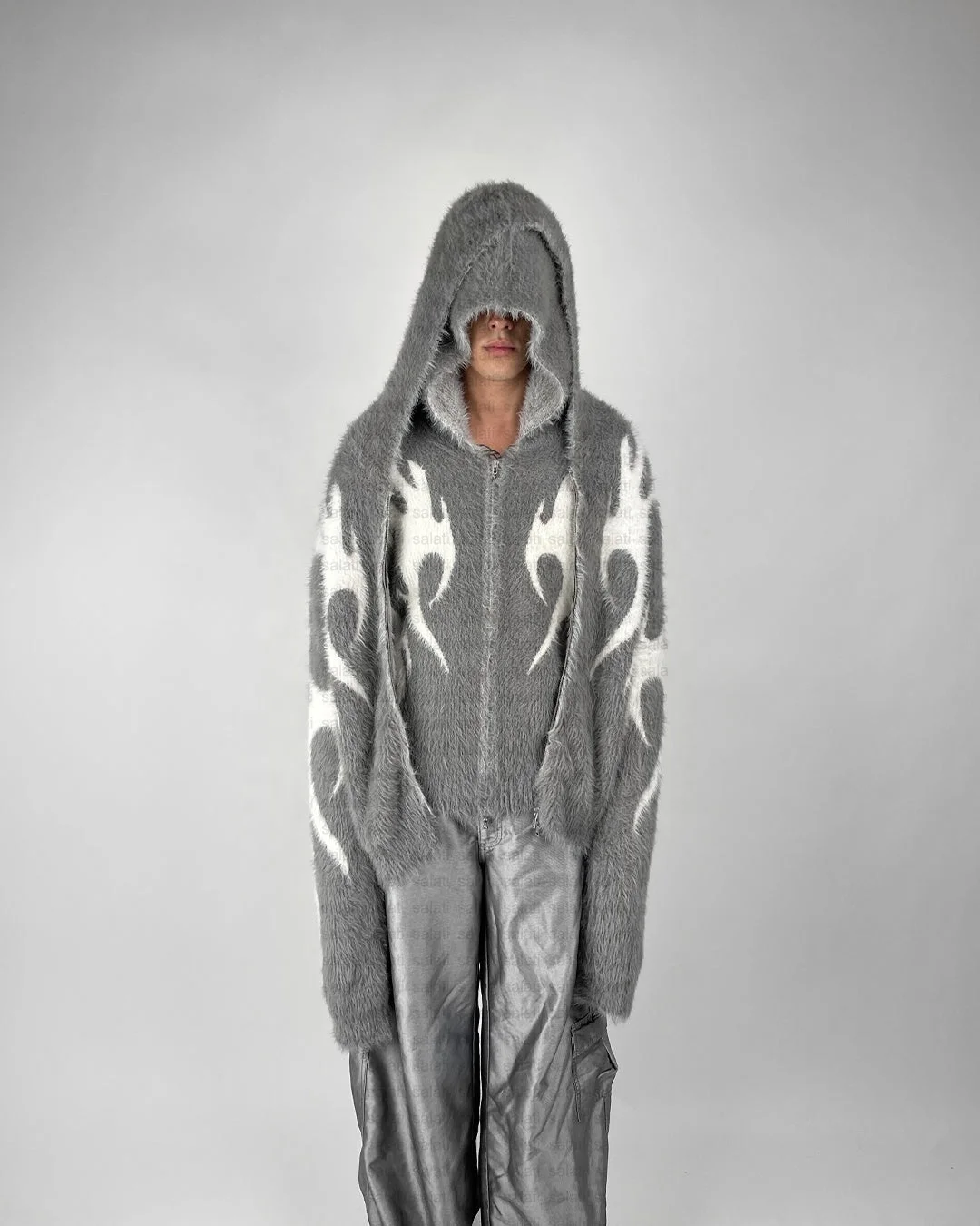 Custom Zipped Print Cut and Sew Relaxed Fit Double Zip Zip up Fur Fuzzy Knitted Unisex Cropped Mohair Hoodies for Men gallery 2