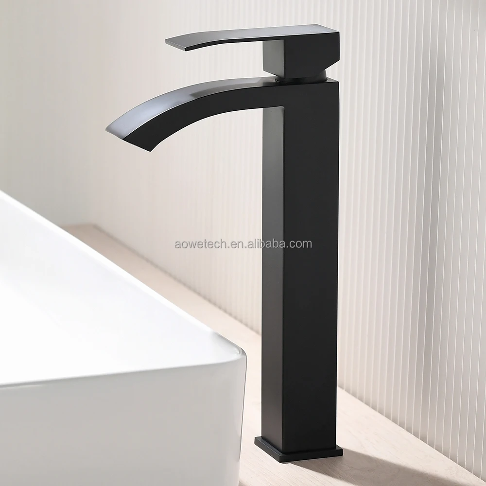 Modern Matte Black Tall Basin Faucet Single Handle Vessel Sink Mixer Tap High Spout Square Bathroom Ceramic 11.56 Inch Height
