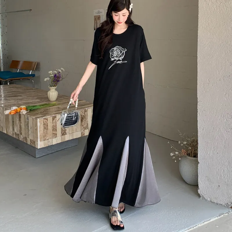 korean oversized dress Ibuvkizy Women Plus Size Dress,Womens Fashion Summer Dress,Korean Version Patterned Pattern Contrasting V-neck Skirt Oversized Women's Dress,Maxi