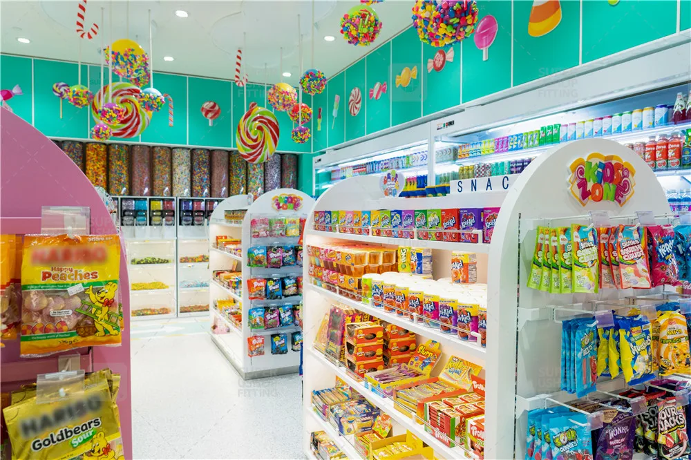 Custom Modern Unique Sweets Store Design Bespoke Snack Display Rack Shelf for Candy Shop Interior Decorations